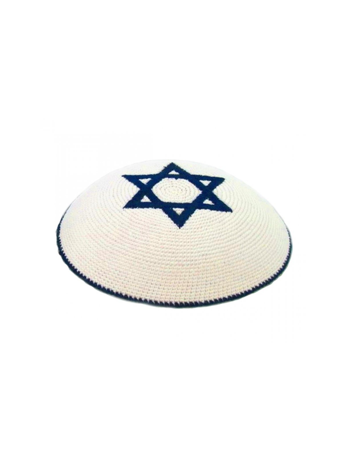 כיפה סרוגה לבנה עם מגן דוד כחול כהה | כיפה סרוגה